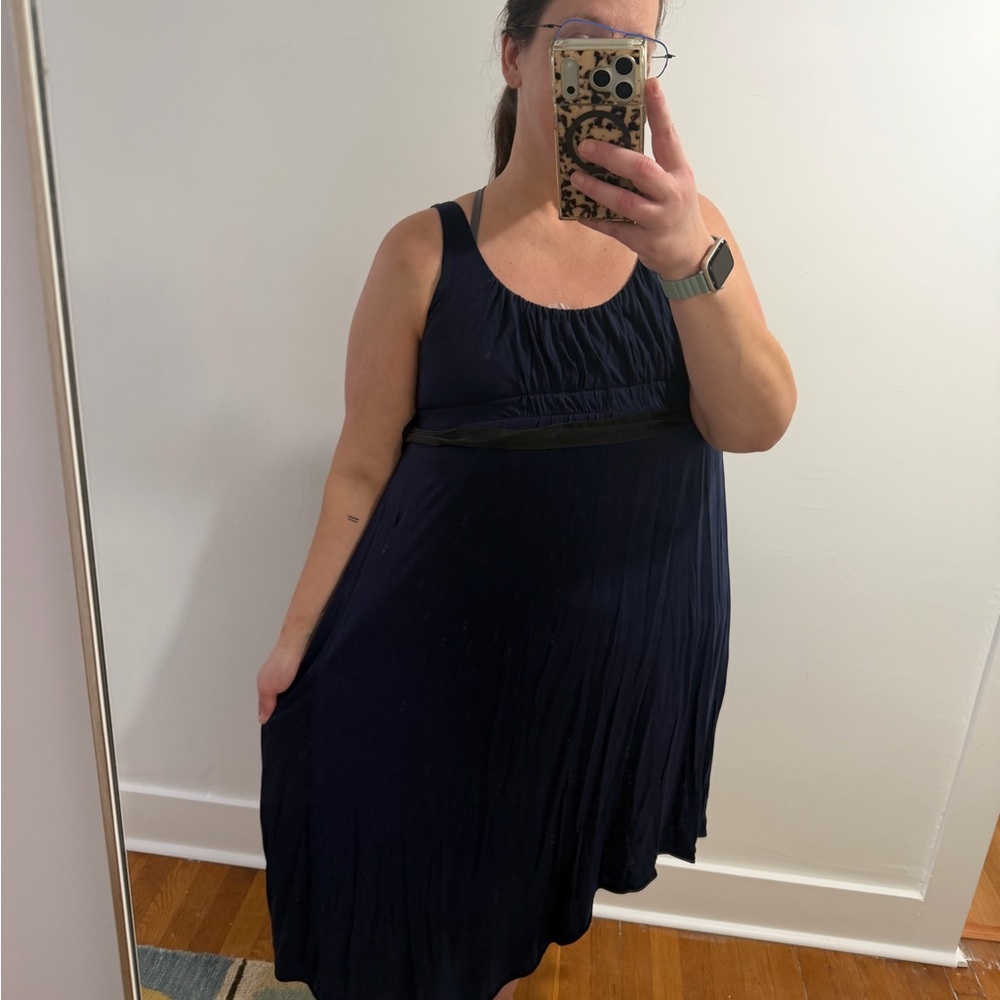 Anthropologie Velvet brand navy dress with asymmetrical hem with black sash L